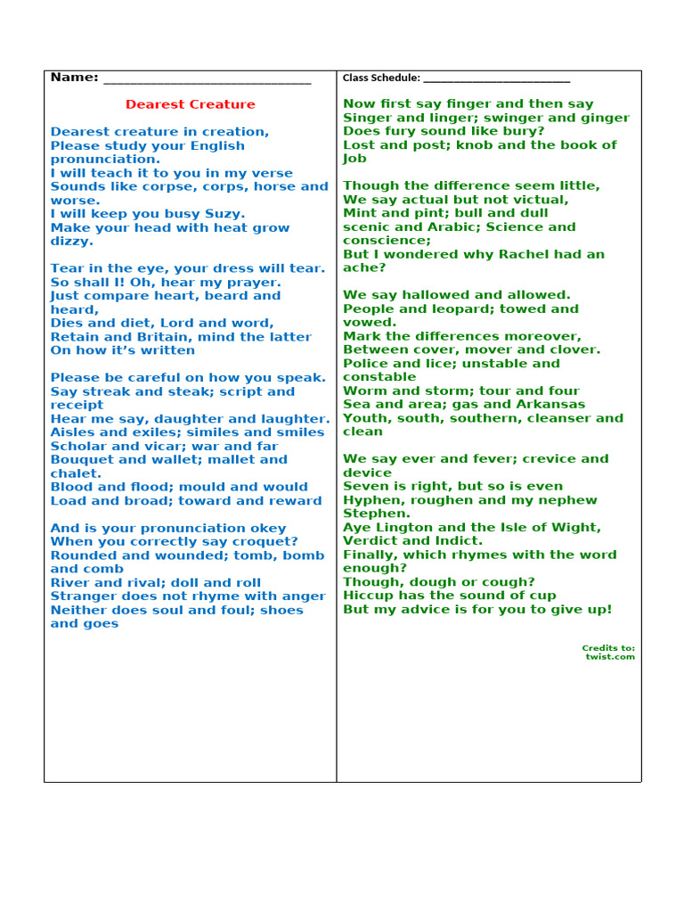 Dearest Creature Individual Oral Test (1) .Docx ZYYC | PDF