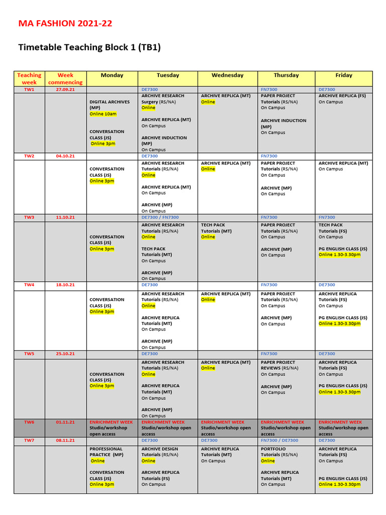 Tb1 Timetable 2021 | PDF