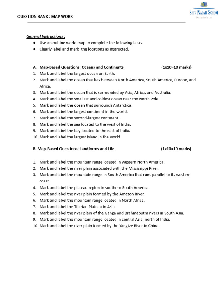 Grade 6 - Map Work Question Bank | PDF