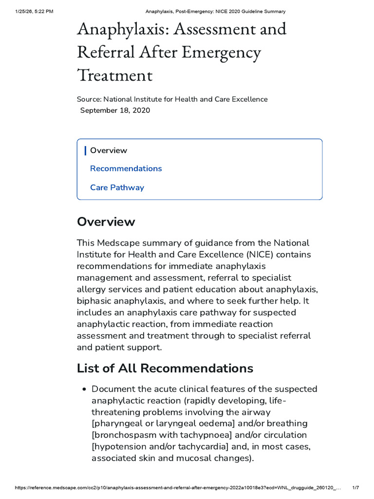 Anaphylaxis, Post-Emergency - NICE 2020 Guideline Summary | PDF ...