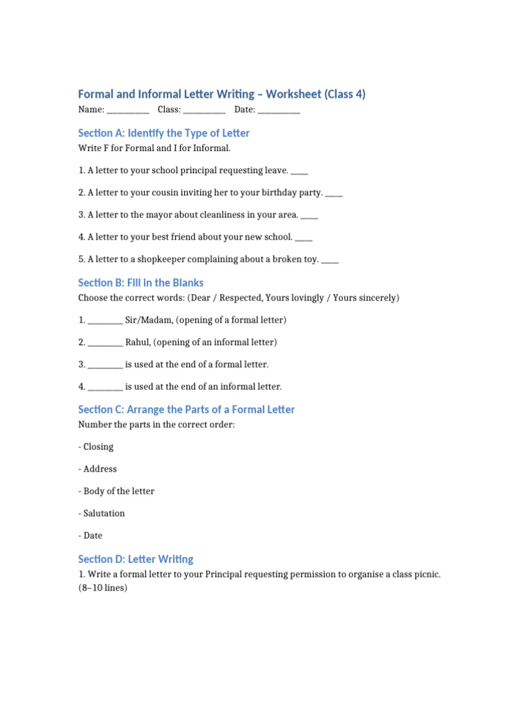 Class 4 Formal Informal Letter Worksheet | PDF