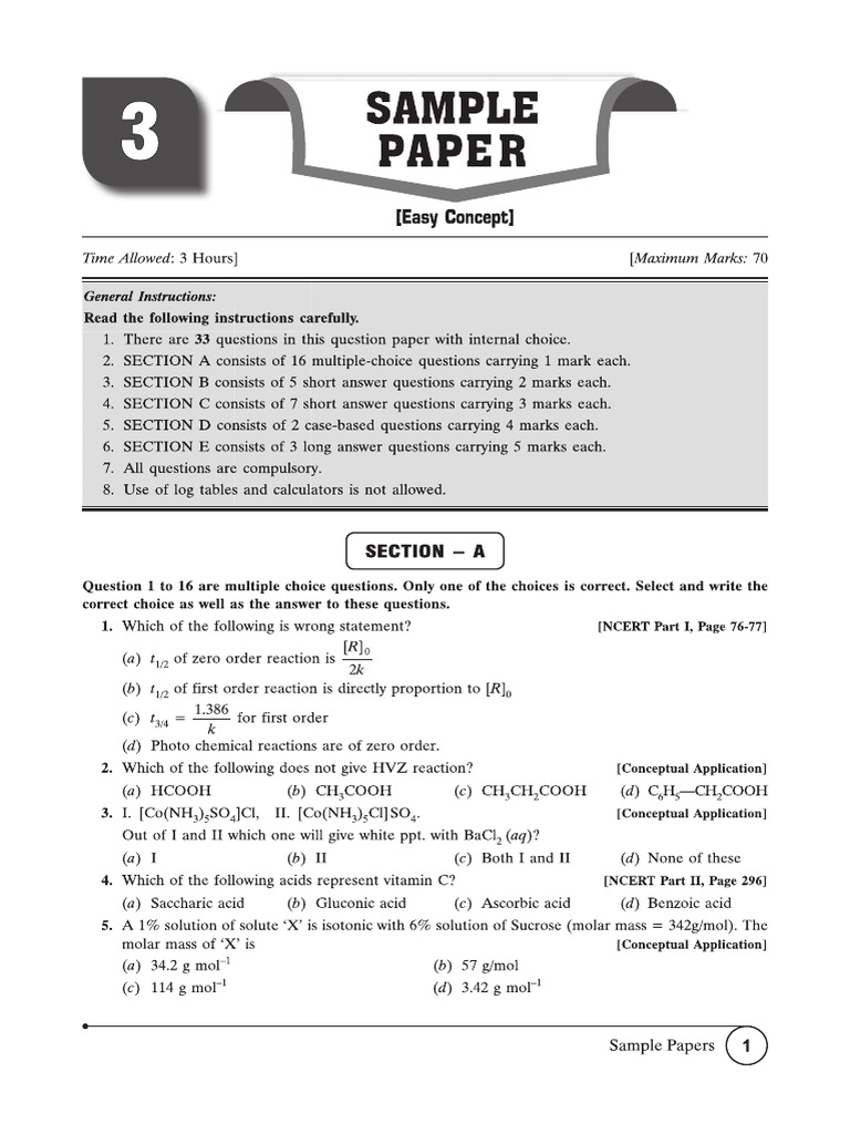 Cbse Cl12 Ead Chemistry 2026 Edition Easy Paper 3 | PDF