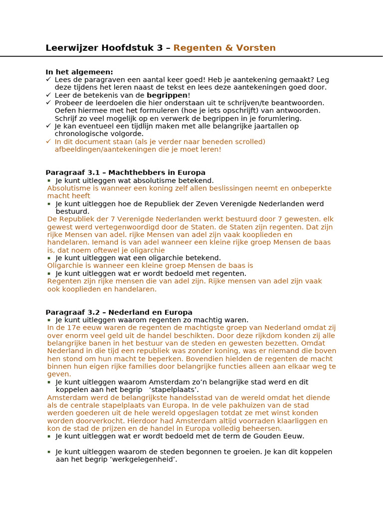 Leerwijzer Hoofdstuk 3 - Regenten Vorsten | PDF