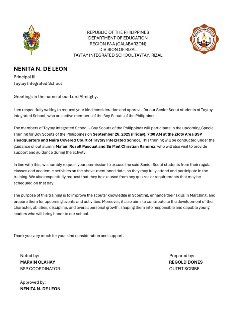Exuced Letter For CLTC 2025 - BSP of Tis | PDF | Youth Movements | Girl ...