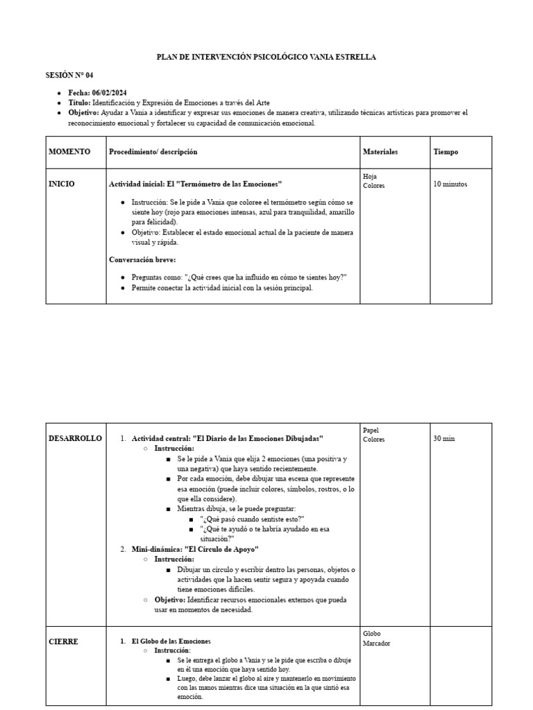 Plan de Intervención Vania | PDF | Las emociones | Conceptos psicologicos