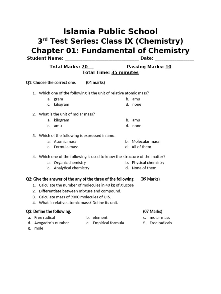 Chapter 01 Fundamental of Chemistry Full Chapter | PDF