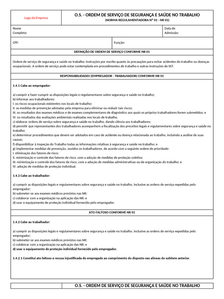Modelo de O.S. - Ordem de Serviço - NR 01 | PDF | Segurança