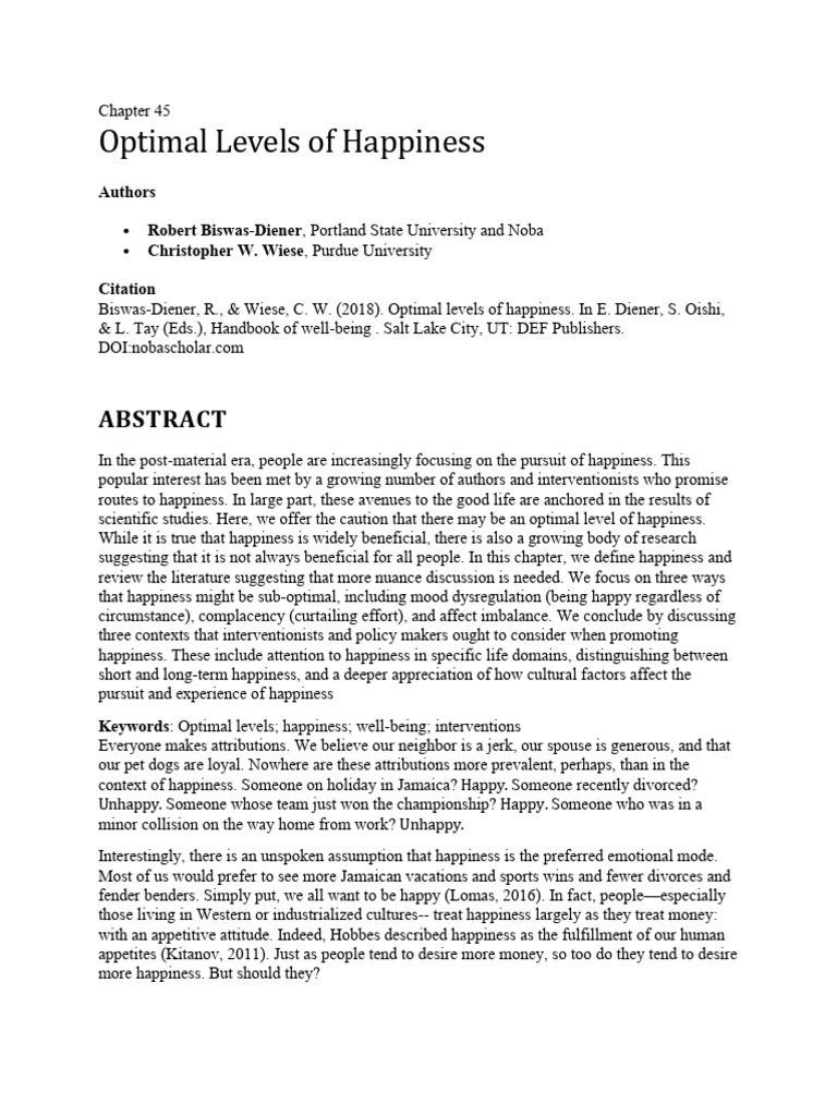 Optimal Levels of Happiness | PDF | Happiness | Affect (Psychology)