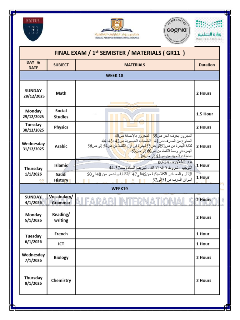 Gr. 11 First Semester Exam Schedule | PDF