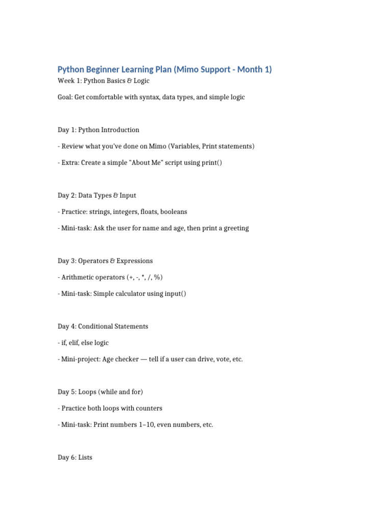 Python Beginner Learning Plan Month1 | PDF | Control Flow | Python ...