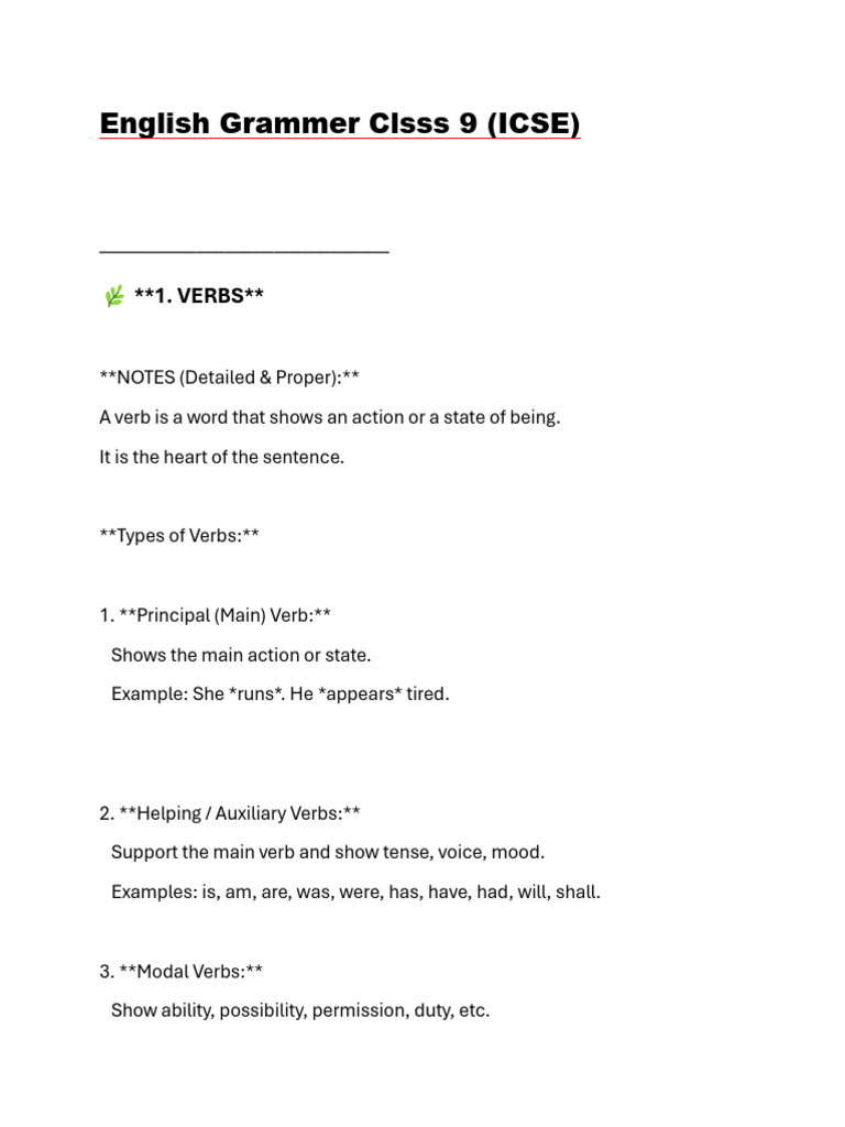 English Grammer Clsss 9 (ICSE) | PDF | Verb | English Grammar