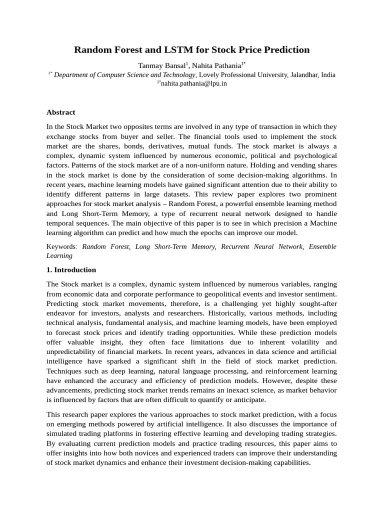 Random Forest and LSTM For Stock Price Prediction | PDF | Prediction ...