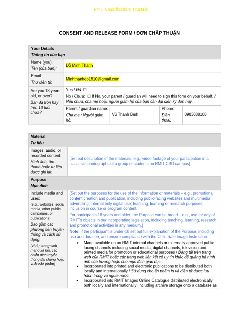 Rmit Vietnam Consent and Release Form | PDF