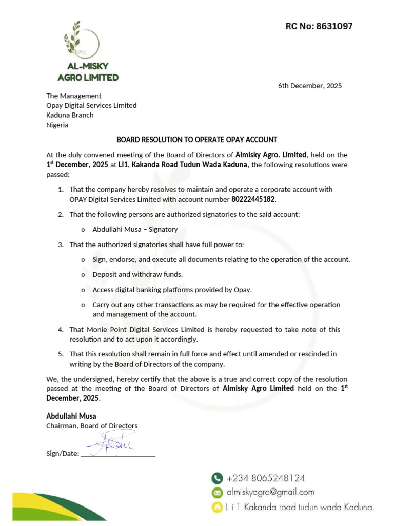 Board Resolution To Operate Opay Account | PDF