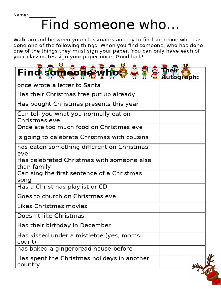 Christmas Find Someone Who Worksheet Templates Layouts 122769 | PDF