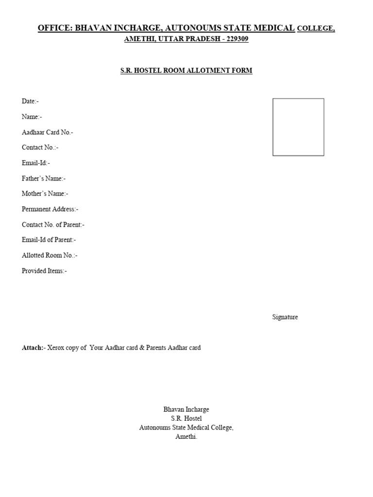 S.R Hostel Form | PDF