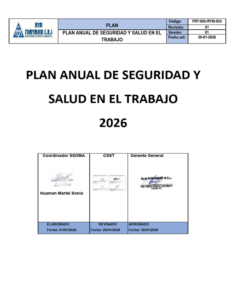 Frt-Sig-Rym-024 Plan Anual de Seguridad Salud en El Trabajo 2026 | PDF ...