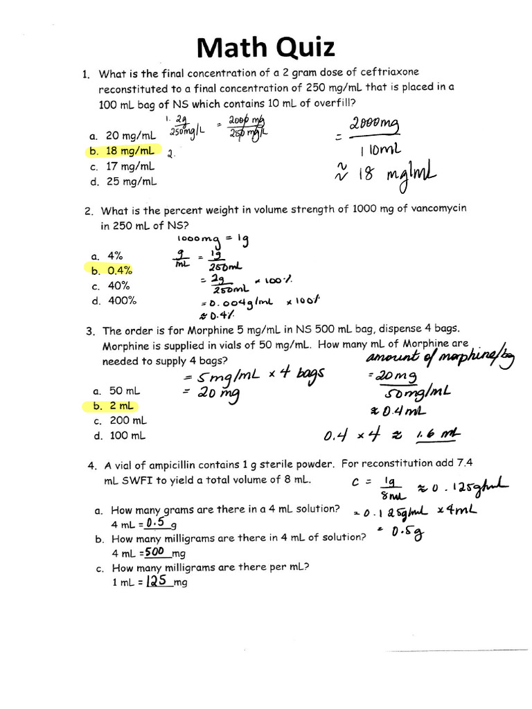 IV Pharmacy Math Quiz | PDF