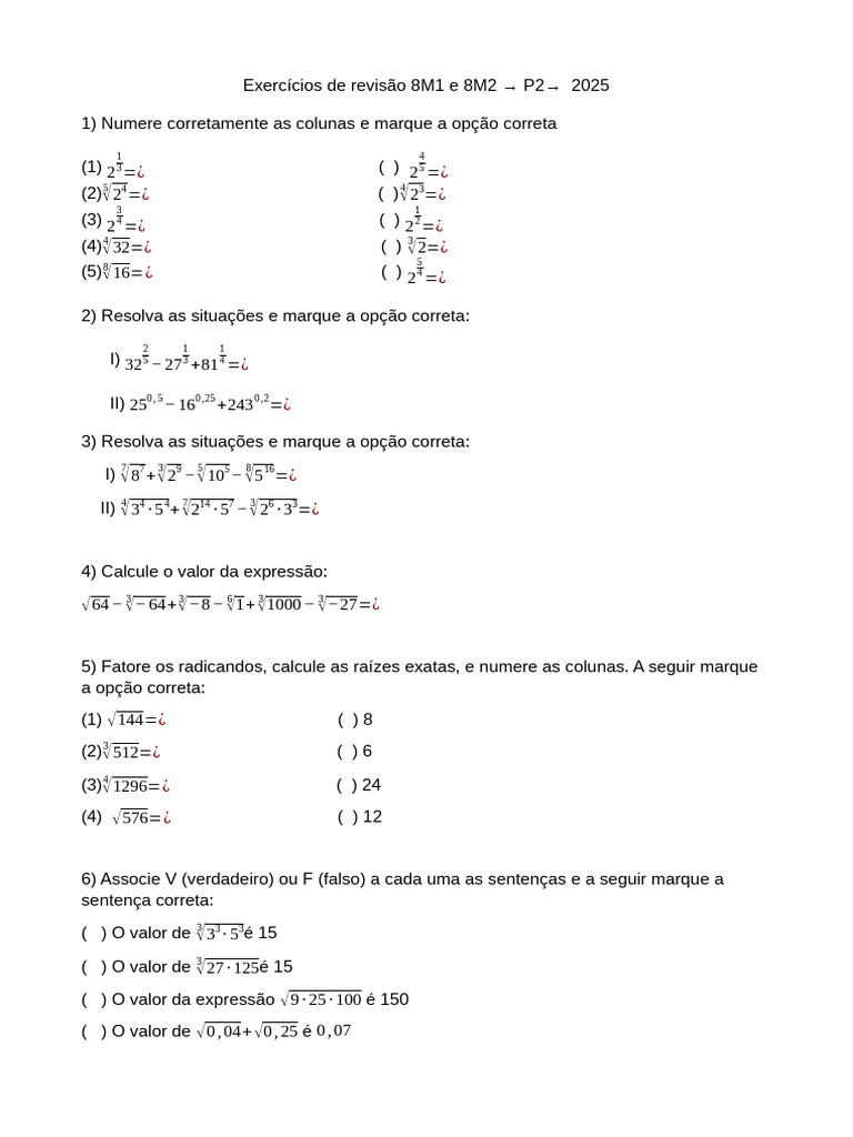 Exercícios de Revisão 8M1 e 8M2 P2 2025 | PDF