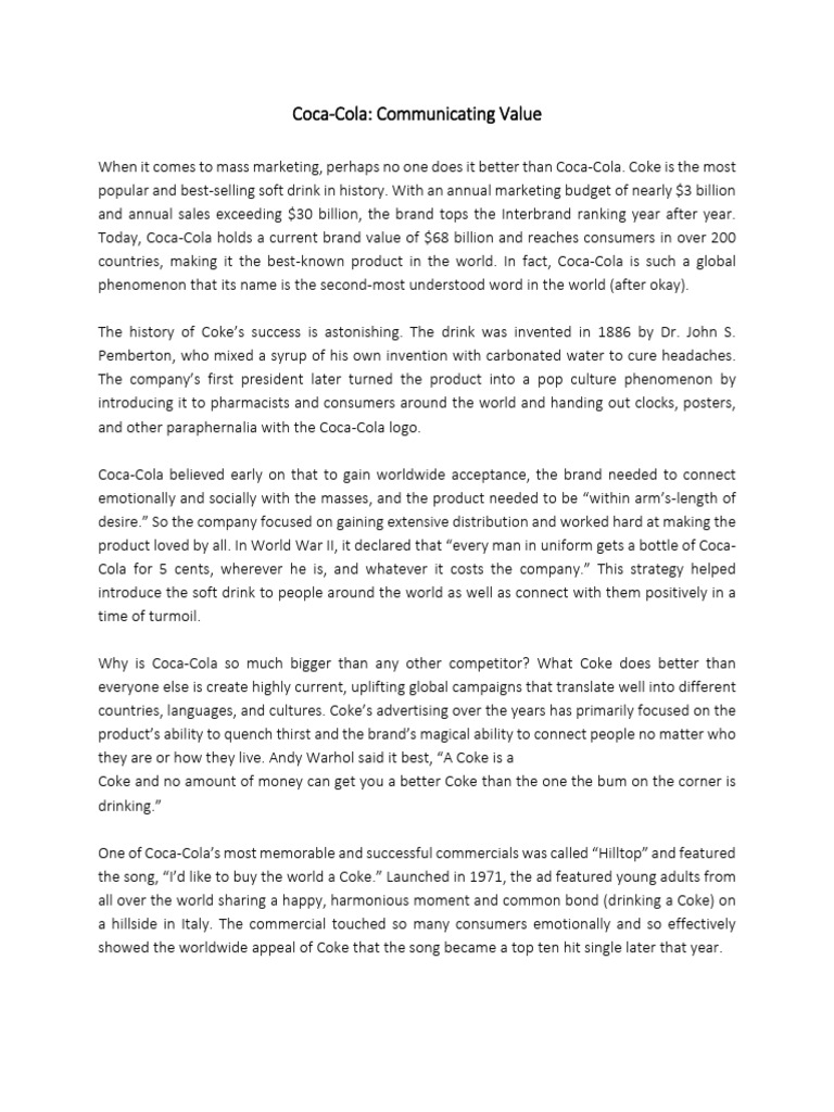 LO4 Case Study - Coca Cola Communicating Value | PDF | Coca Cola | Soft ...