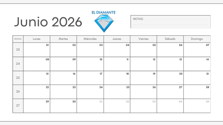 Calendario Mensual Junio Año 2026 Simple Sencillo Blanco y Gris | PDF