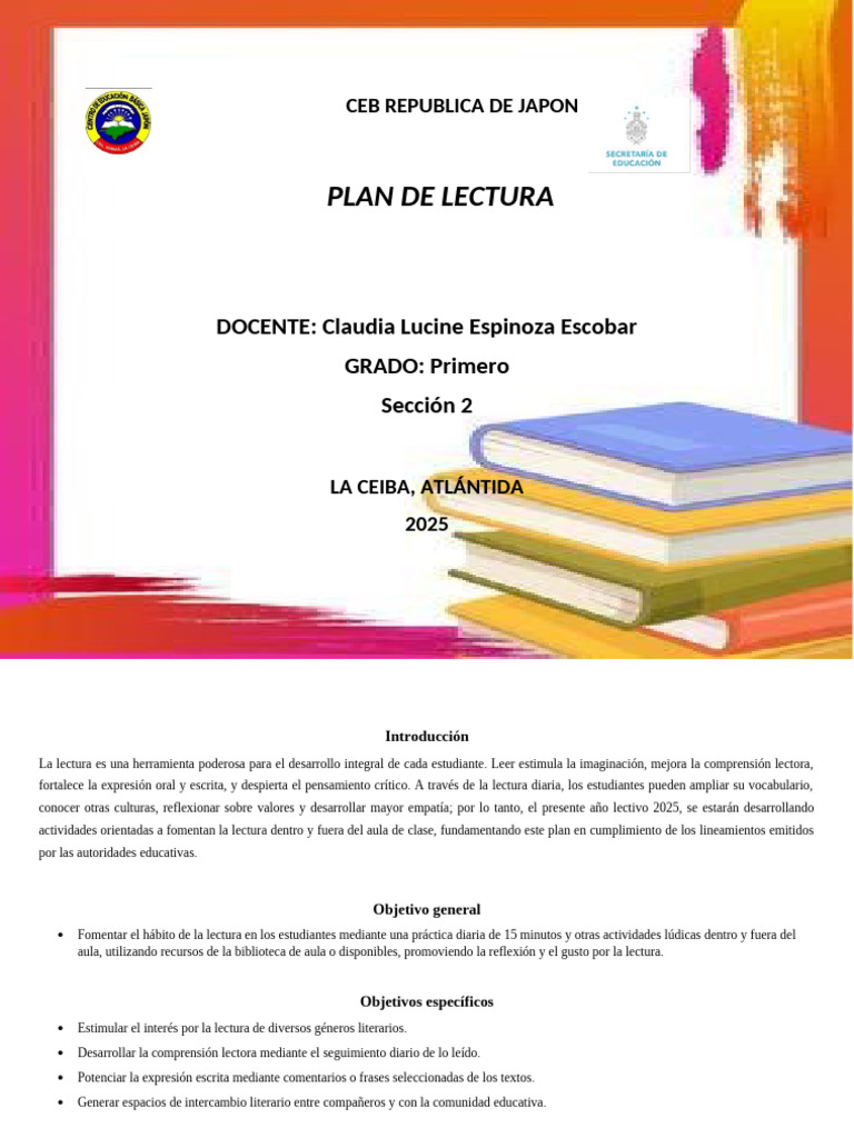 Plan de Lectura R.P.J. | PDF | Comprensión lectora | Salón de clases