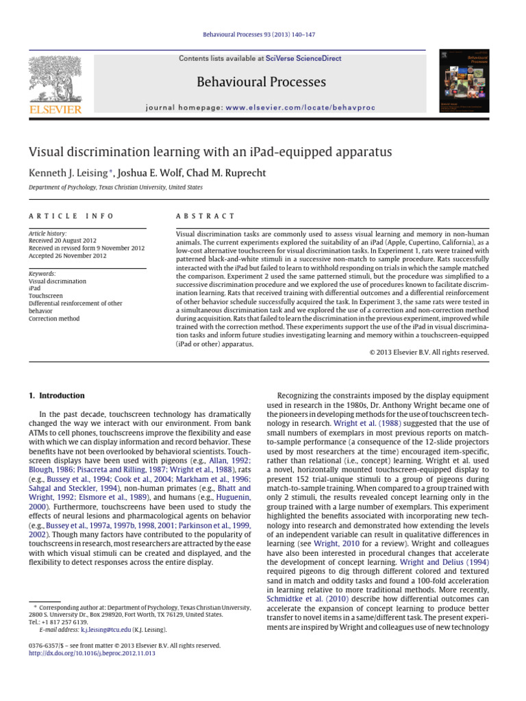 Visual Discrimination Learning With An Ipad-Equipped Apparatus | PDF ...