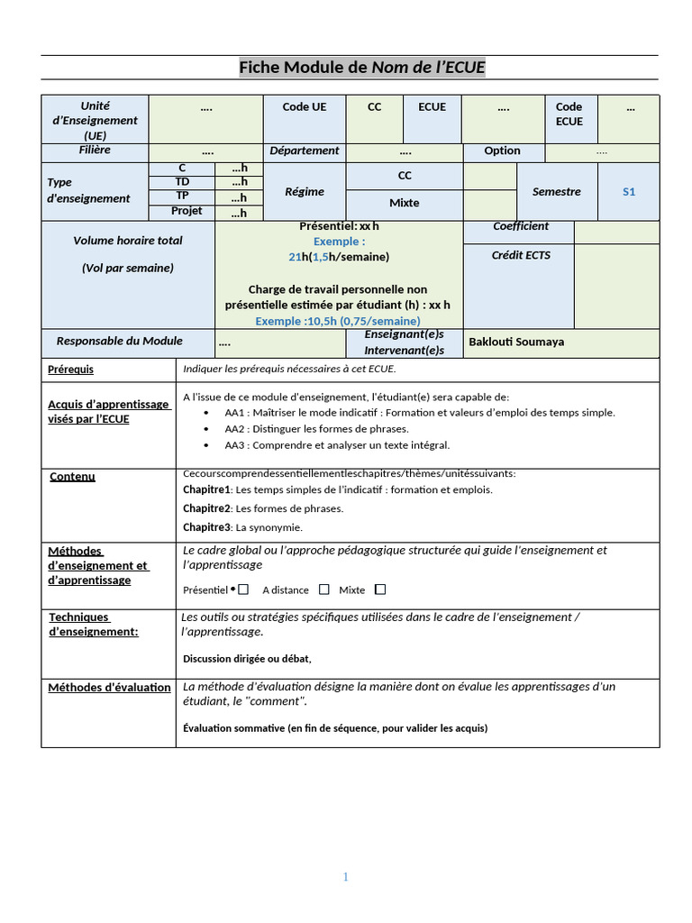 Semestre - 1 - La Fiche Modèle Du Syllabus Des Modules. | PDF