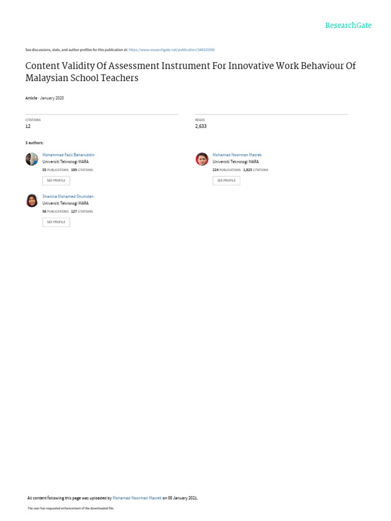 Content Validity of Assessment Instrument For Innovative Work Behaviour ...