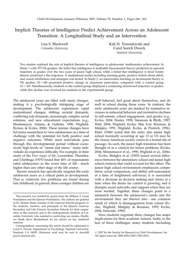 Blackwell Et Al. 2007 - Implicit Theories of Intelligence | PDF ...