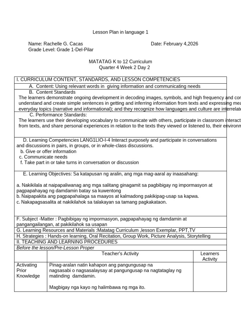Lesson Plan in Language 1 f4 | PDF