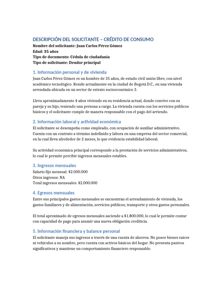 Descripcion Solicitante Credito Consumo 123 | PDF