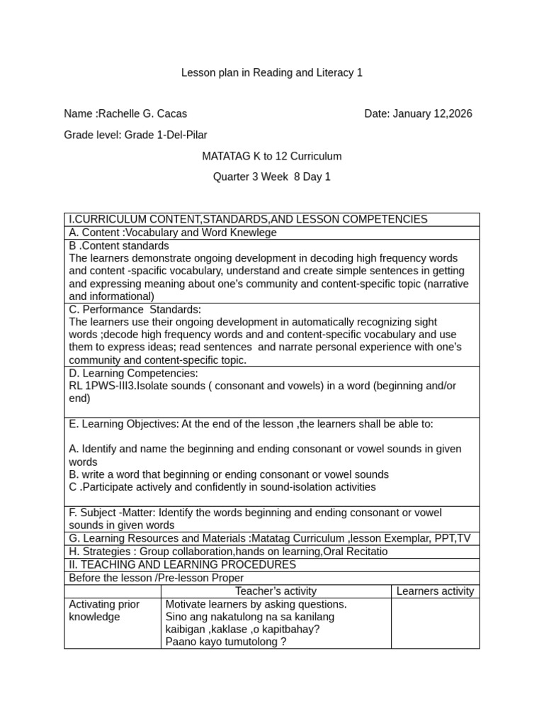 Lesson Plan in Reading and Literacy GRADE 1 DEL-PILAR | PDF | Learning ...