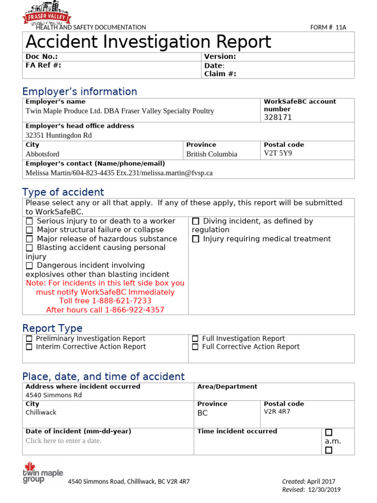11 A - Accident Investigation Form | PDF | Hazards | Occupational ...