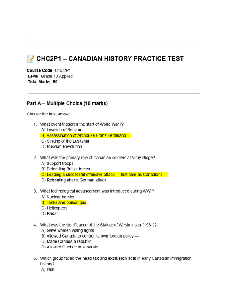 Chc2p1 History - Practice Test & Cheat Sheet | PDF | Canada