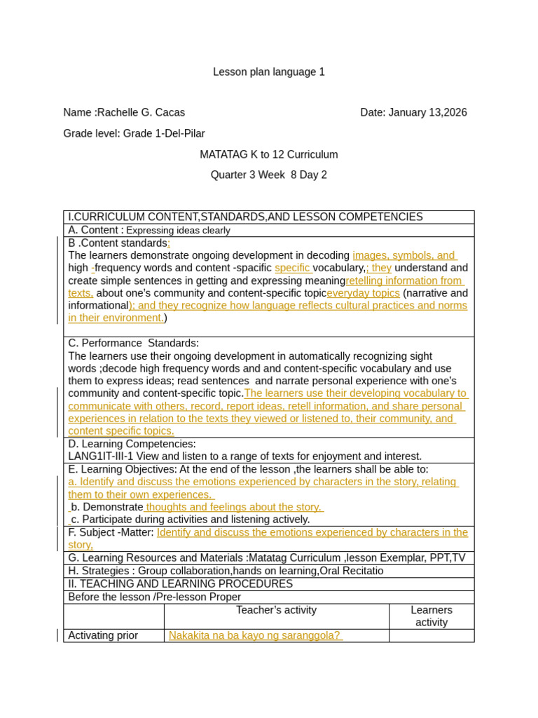 Lesson Plan LANGUAGE 1day 2 | PDF