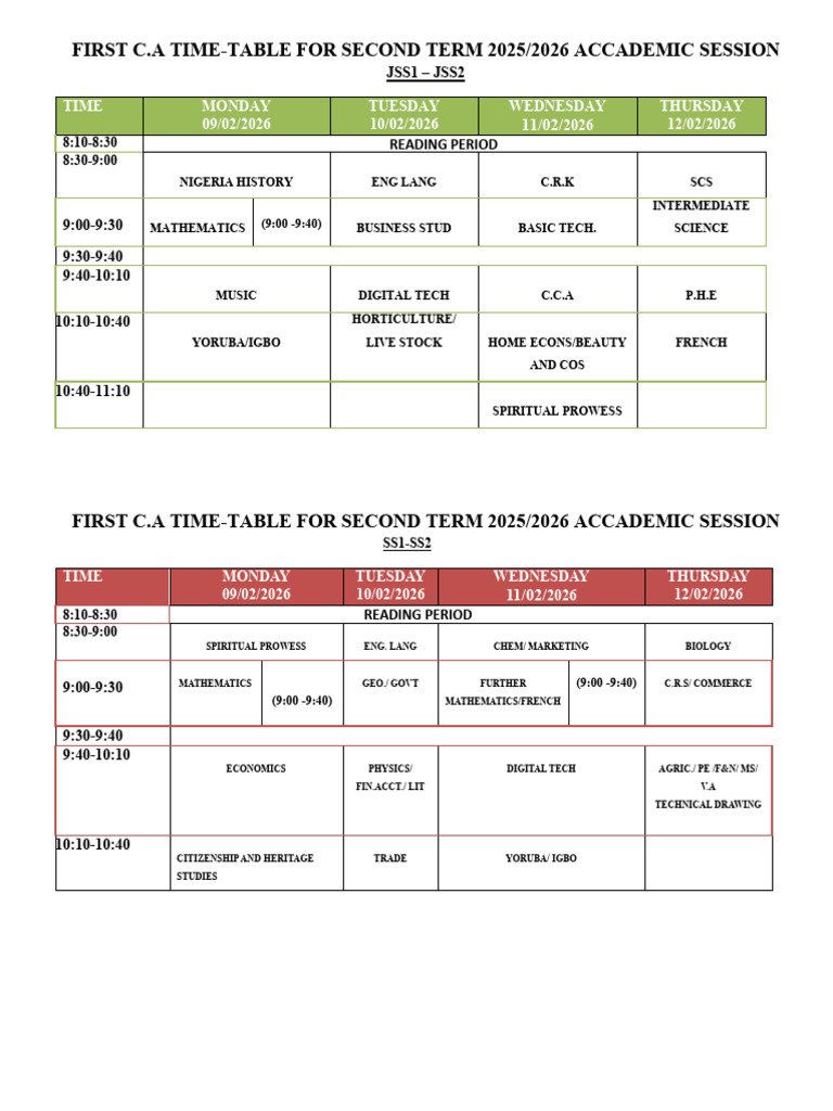 First C.A Time-Table For Second Term 20252026 Accademic Session | PDF