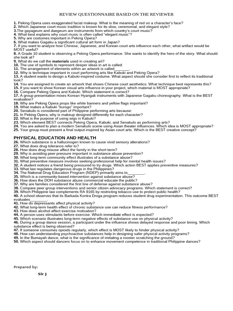 Review Questionnaire Based On The Reviewer | PDF | Substance Abuse | Drugs