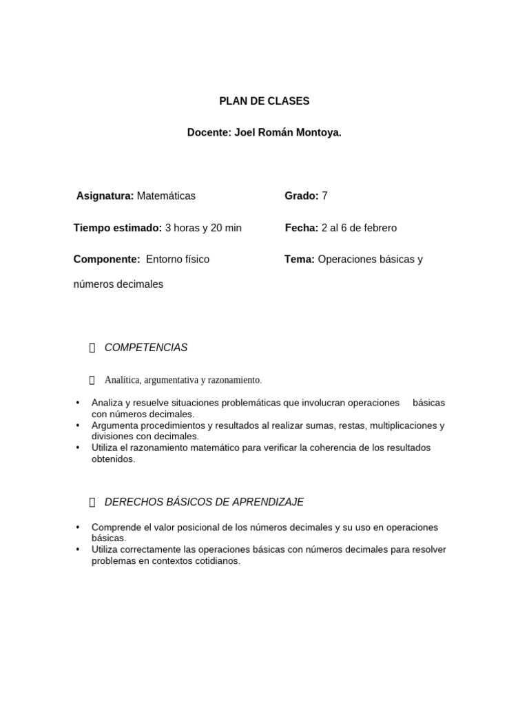 PLAN de CLASES Grado 7 (2 Al 6 de Febrero) | PDF | Aprendizaje ...