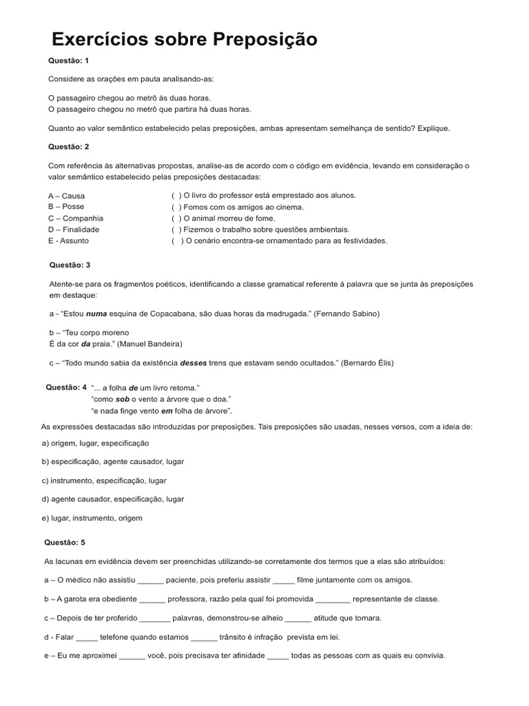 Exercícios Sobre Preposição | PDF