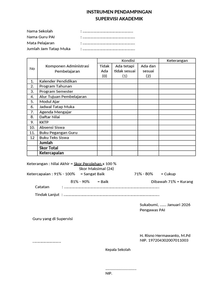Instrumen Supervisi Administrasi Gpai | PDF