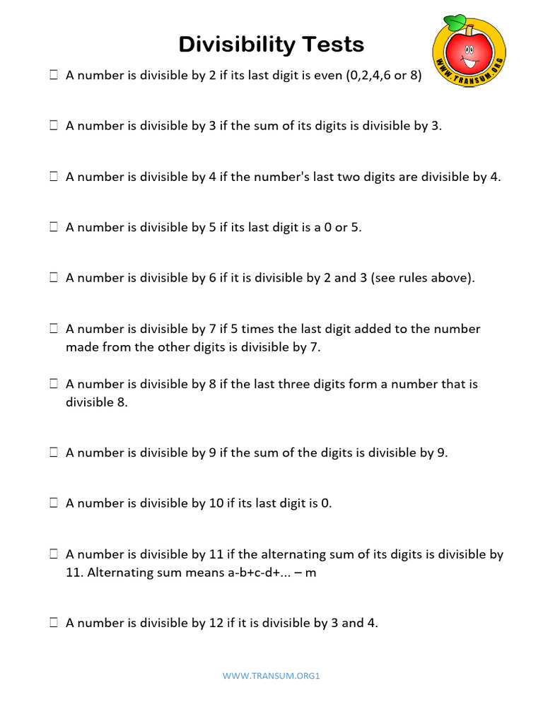 Divisibility Tests Printable | PDF