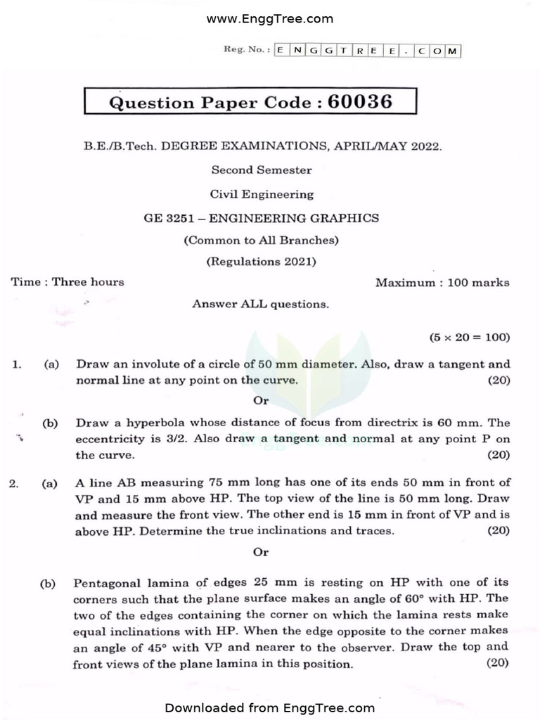 GE3251 Engineering Graphics Apr May 2022 Question Paper Download | PDF