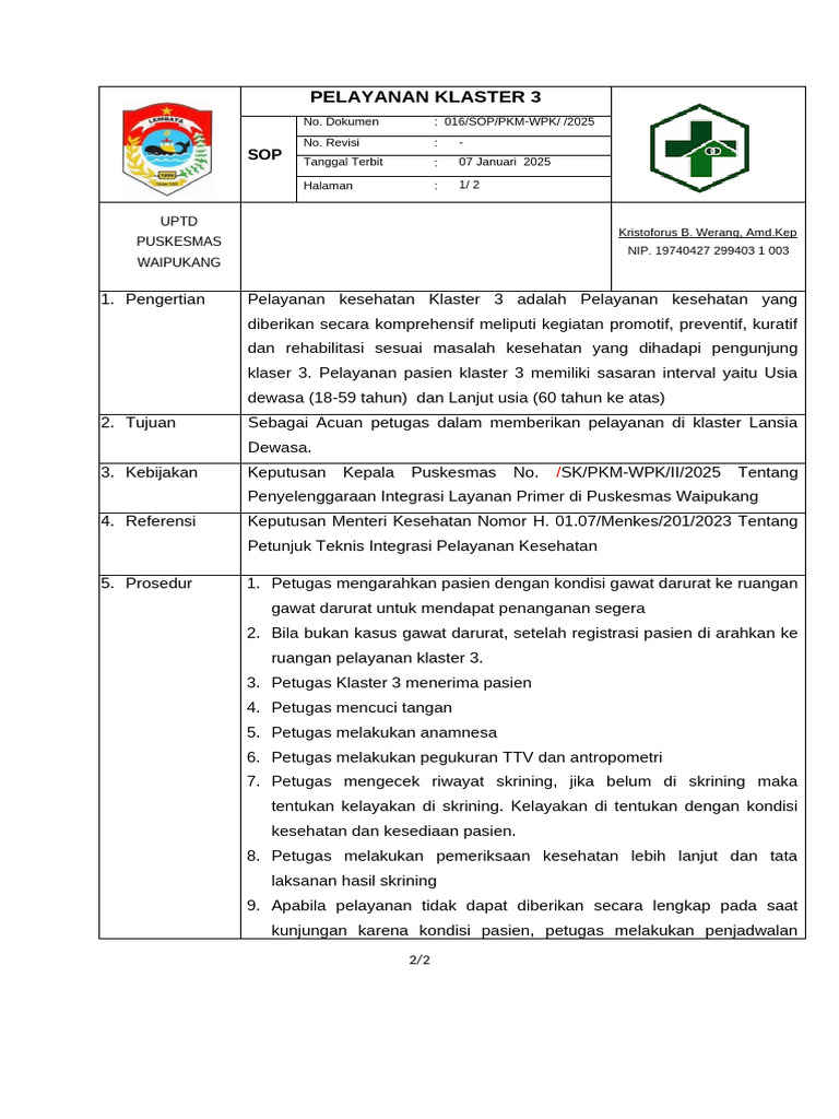 SOP Pelayanan Klaster 3 | PDF