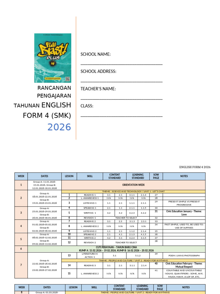 RPT English Form 4 (SMK) 2026 by Rozayusacademy | PDF | Semantic Units ...