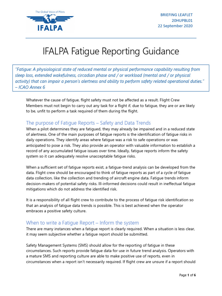 Ifalpa Fatigue Reporting Guidance FATIGA | PDF