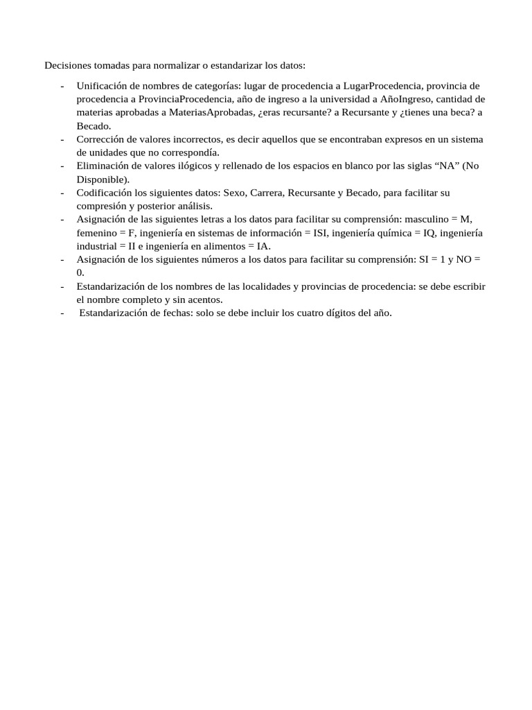 Decisiones Tomadas para Normalizar o Estandarizar Los Datos | PDF