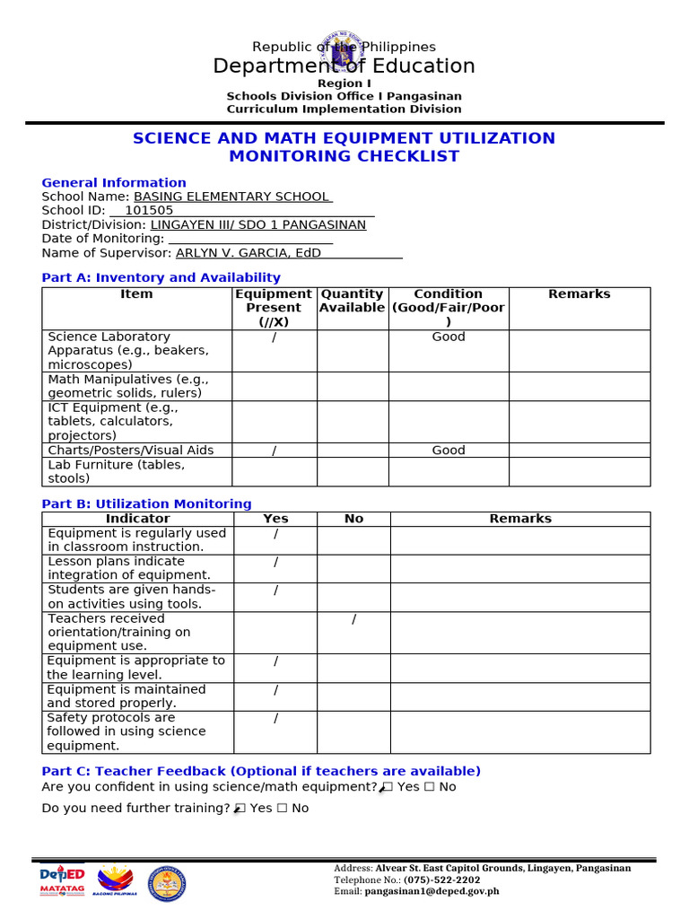 Science and Math Equipment Monitoring Checklist | PDF | Teachers | Learning
