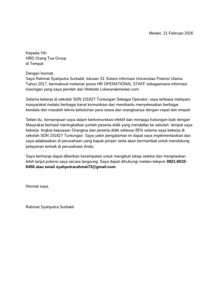 Contoh Surat Lamaran Kerja Simple Word | PDF