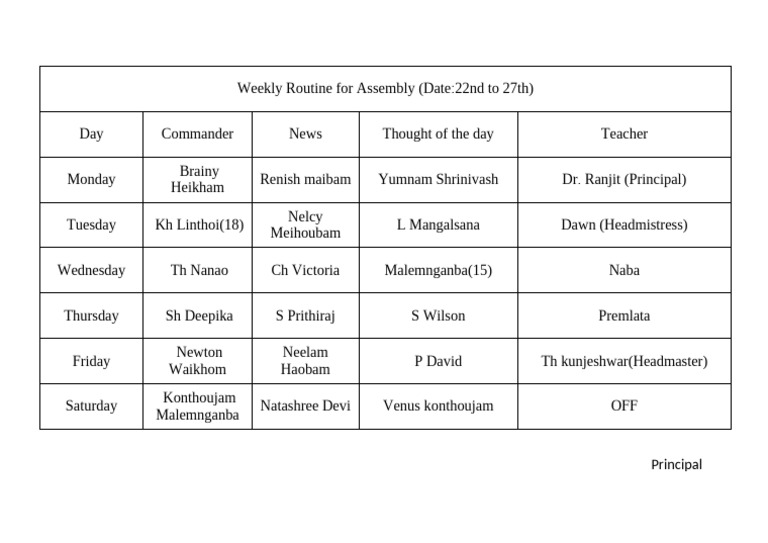 Weekly Routine For Assembly | PDF